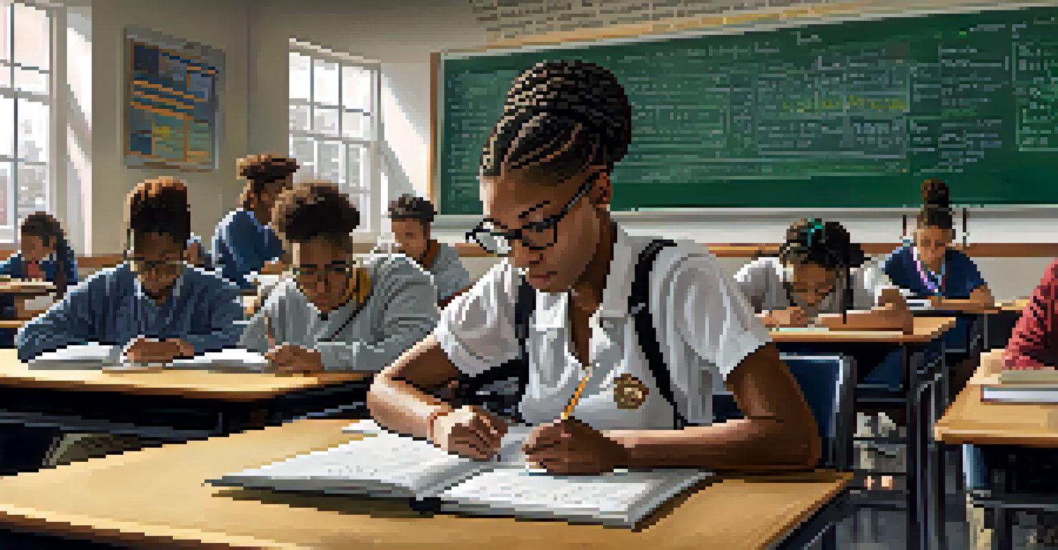 A concentrated student at Lowell High School taking notes in a science class, surrounded by textbooks and a chalkboard.
