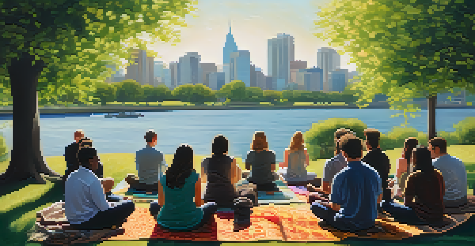 A group of people meditating in a city park, surrounded by greenery with the urban skyline in the background, creating a peaceful atmosphere.