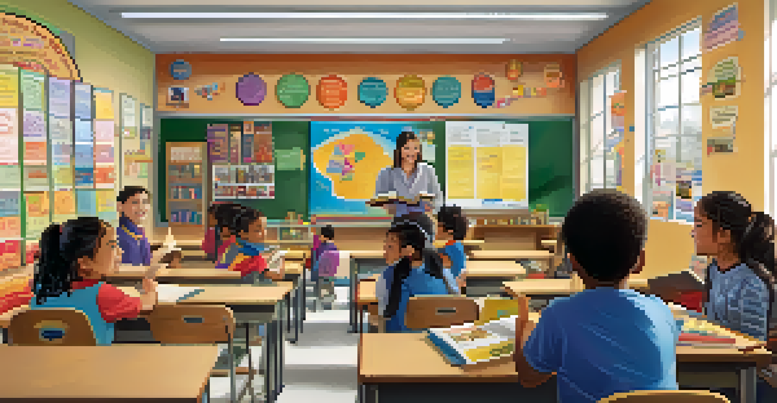 A diverse classroom with students learning in a bilingual environment, surrounded by multilingual educational materials.
