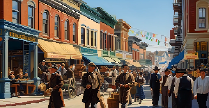 A historical street scene in North Beach during the Gold Rush, with diverse people, Victorian architecture, and vibrant cultural elements.