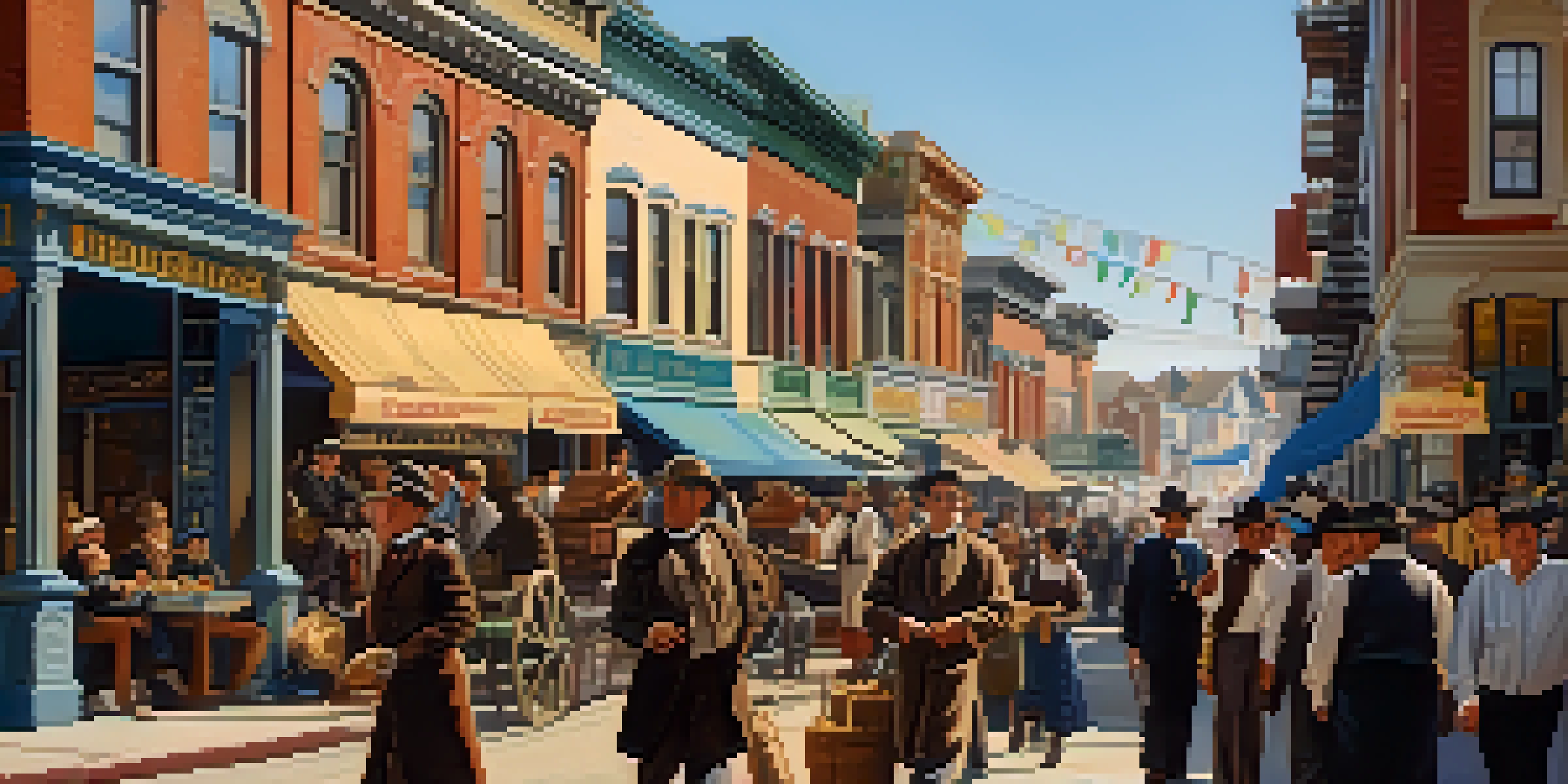 A historical street scene in North Beach during the Gold Rush, with diverse people, Victorian architecture, and vibrant cultural elements.