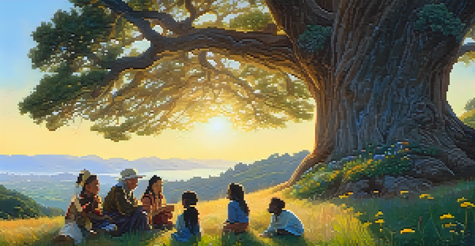 An elder sharing stories with children under an oak tree, surrounded by wildflowers and hills, representing the linguistic heritage of San Francisco.