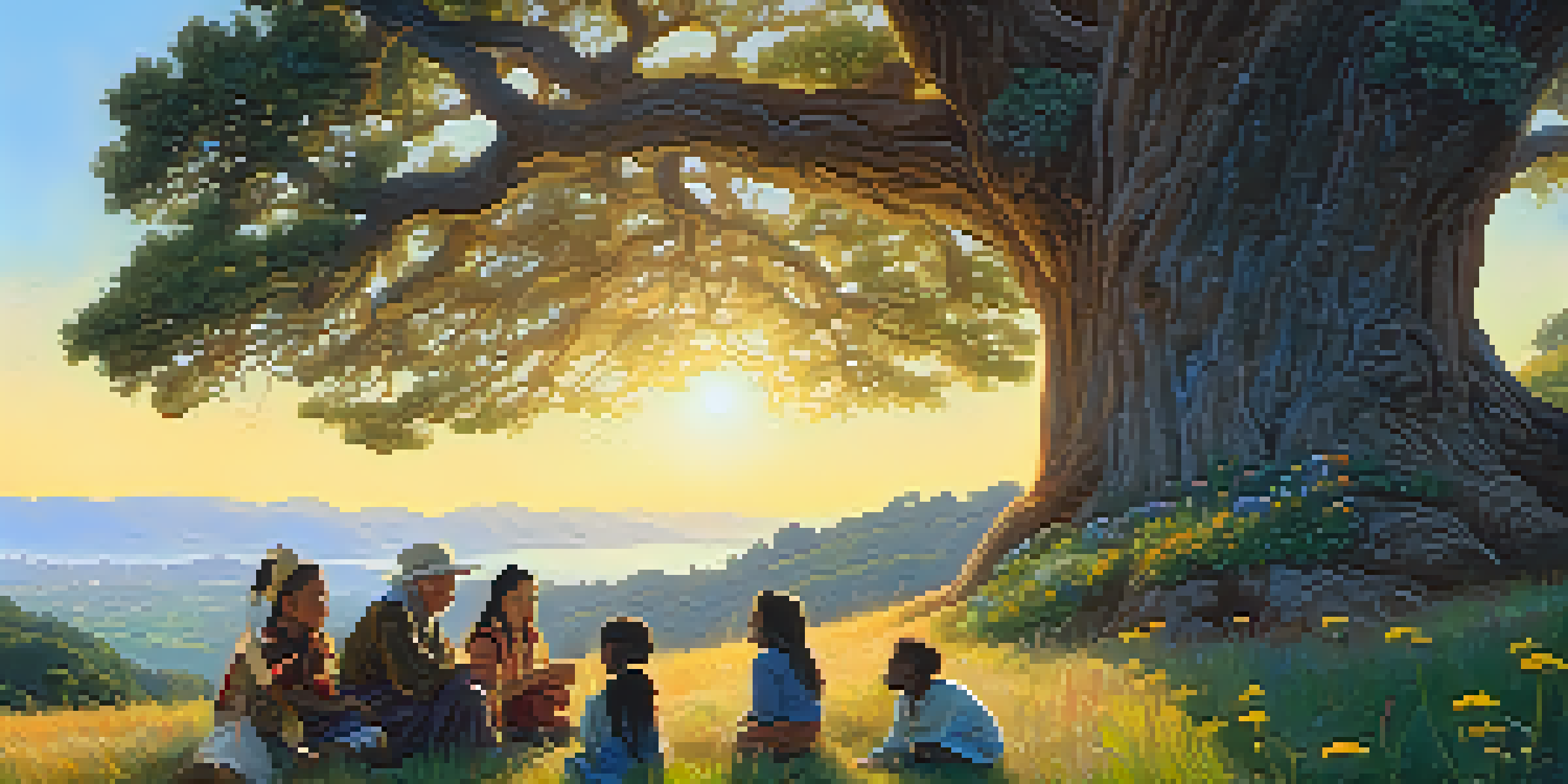 An elder sharing stories with children under an oak tree, surrounded by wildflowers and hills, representing the linguistic heritage of San Francisco.