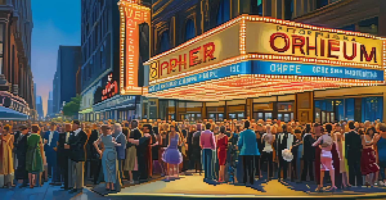 Crowd of diverse people outside the Orpheum Theatre at night, with colorful lights and a city skyline in the background.