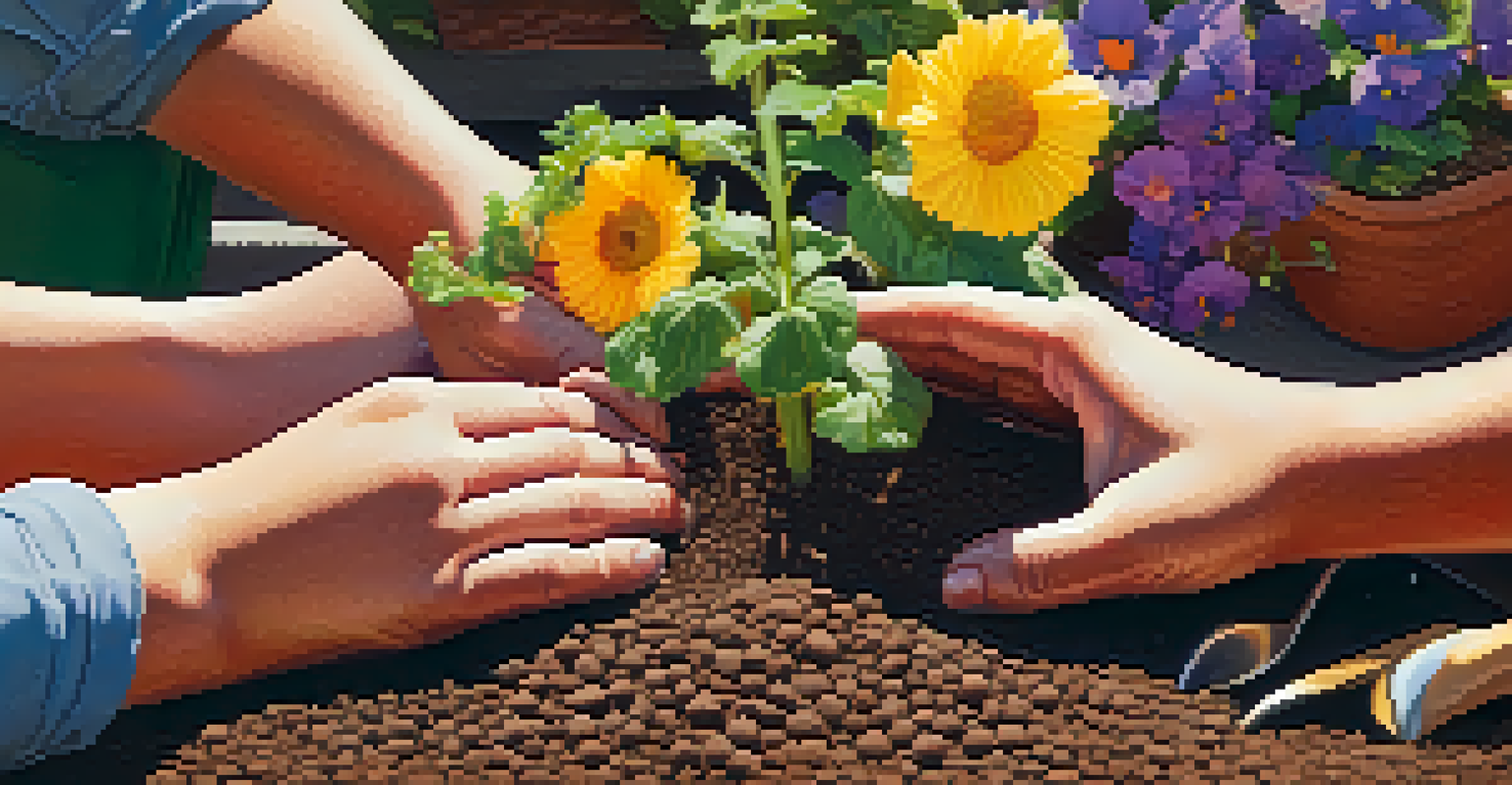 Close-up of hands planting seeds in rich soil with gardening tools around.