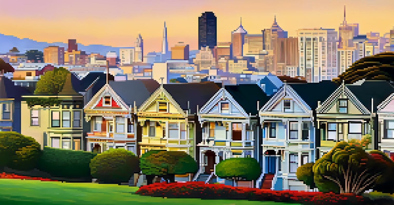 A picturesque scene of the Painted Ladies in Alamo Square during sunset, with colorful Victorian houses and a modern city skyline.