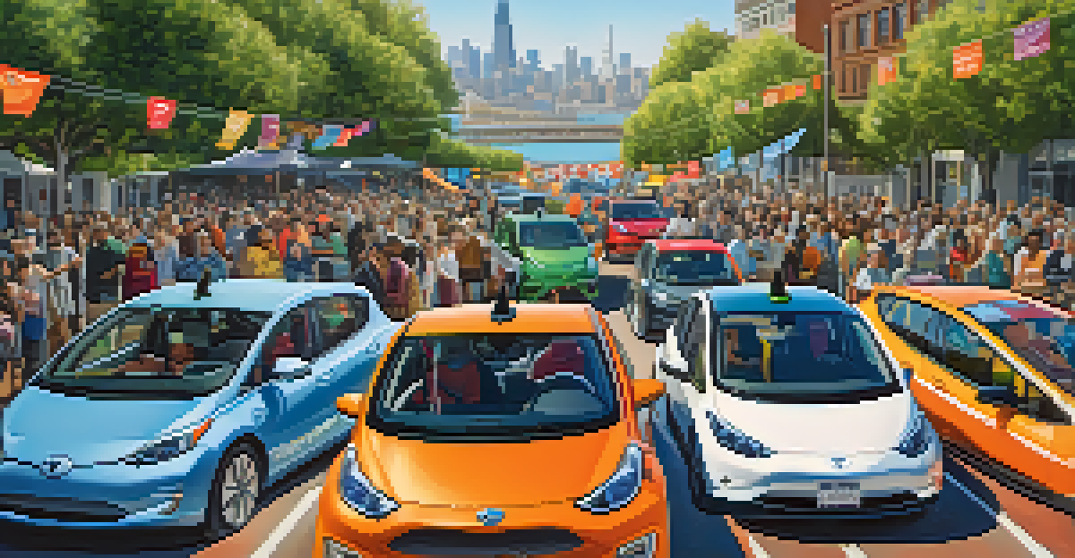 A community event in San Francisco featuring people learning about electric vehicles and engaging in discussions.