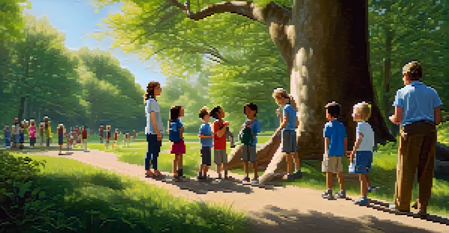 A volunteer leading a nature walk with children in a park, surrounded by trees and wildlife, with sunlight filtering through the leaves.