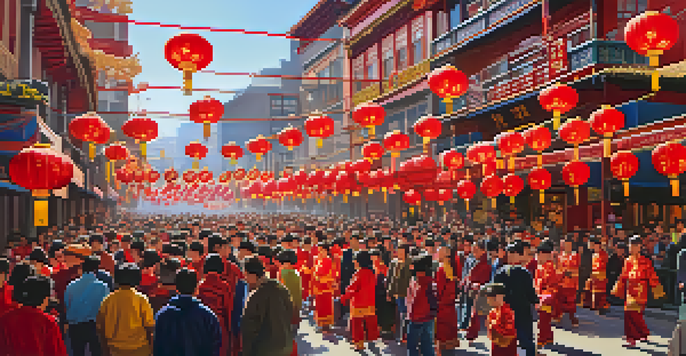 A colorful Chinese New Year parade in Chinatown, showcasing lion dancers and festive decorations, with a crowd of joyful attendees.