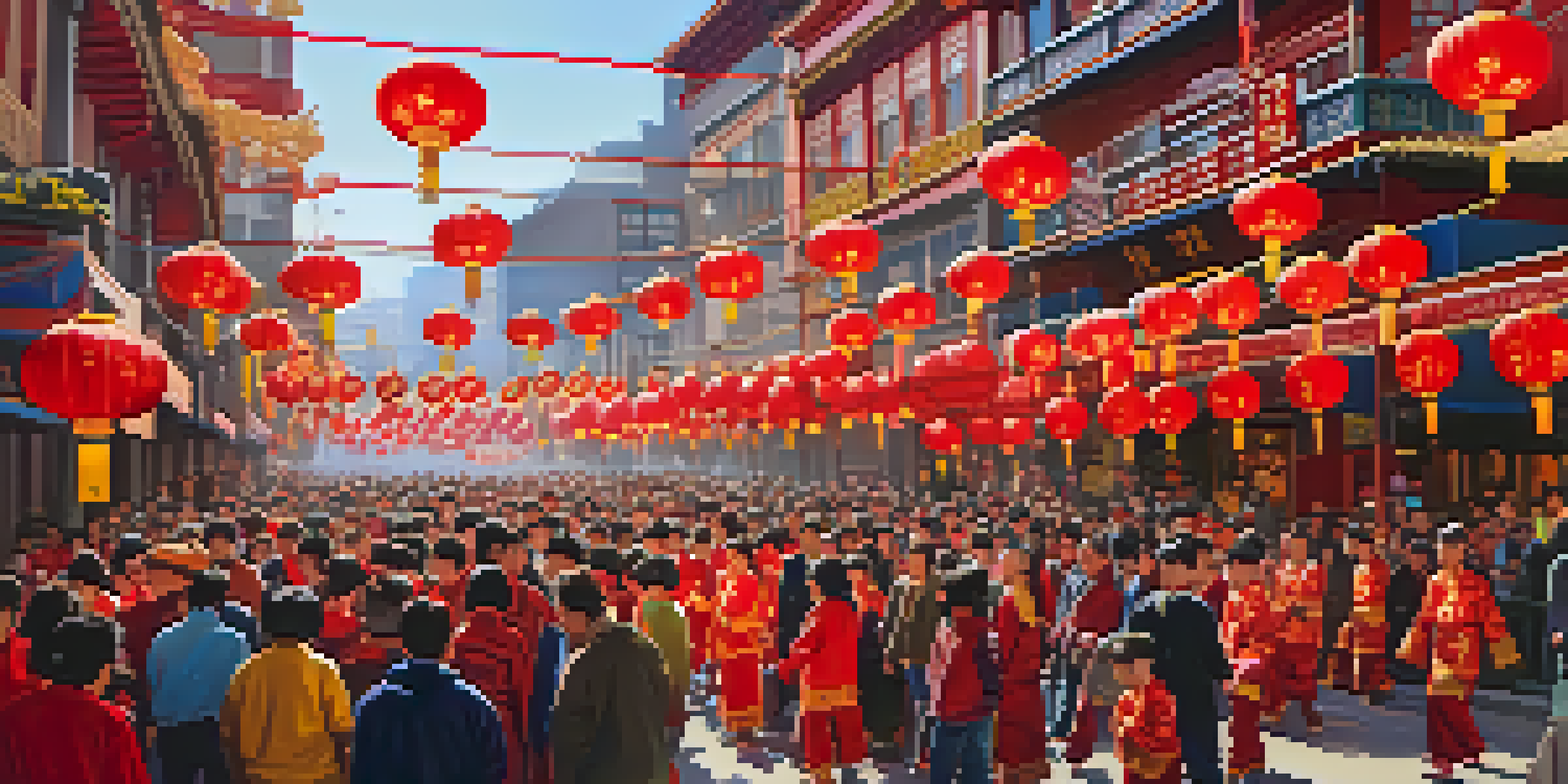 A colorful Chinese New Year parade in Chinatown, showcasing lion dancers and festive decorations, with a crowd of joyful attendees.