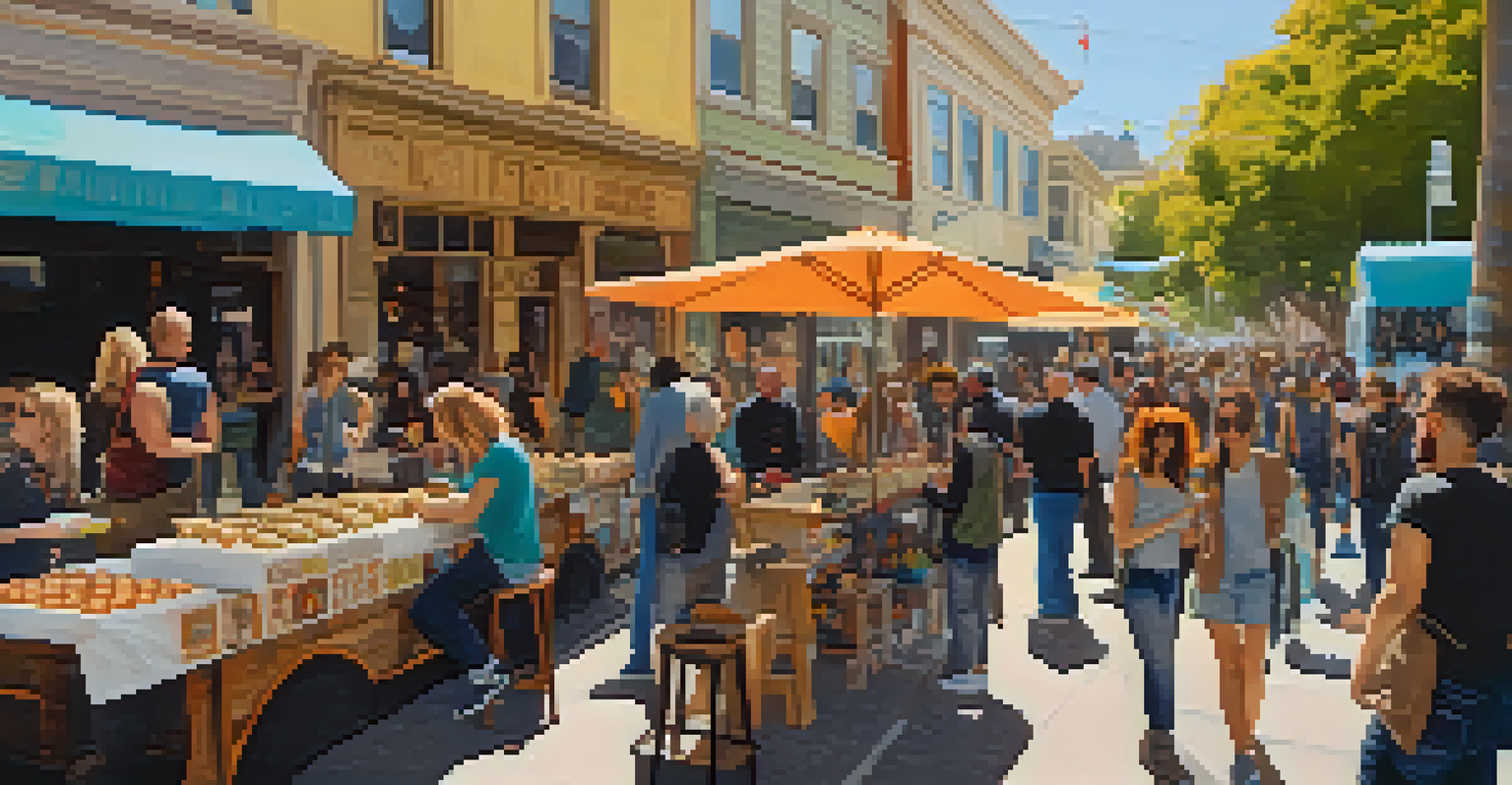 An outdoor art walk in the Mission District showcasing local artists and vibrant street art, with people interacting and food trucks in the background.
