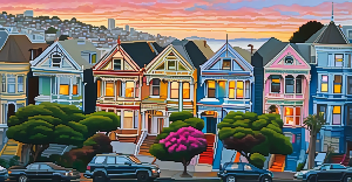 A sunset view of colorful Victorian houses in Haight-Ashbury, San Francisco, with people walking and greenery around.