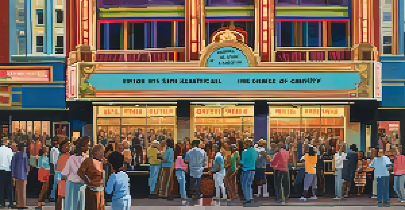 A lively outdoor film festival scene with diverse attendees engaging in conversation in front of a historic cinema.