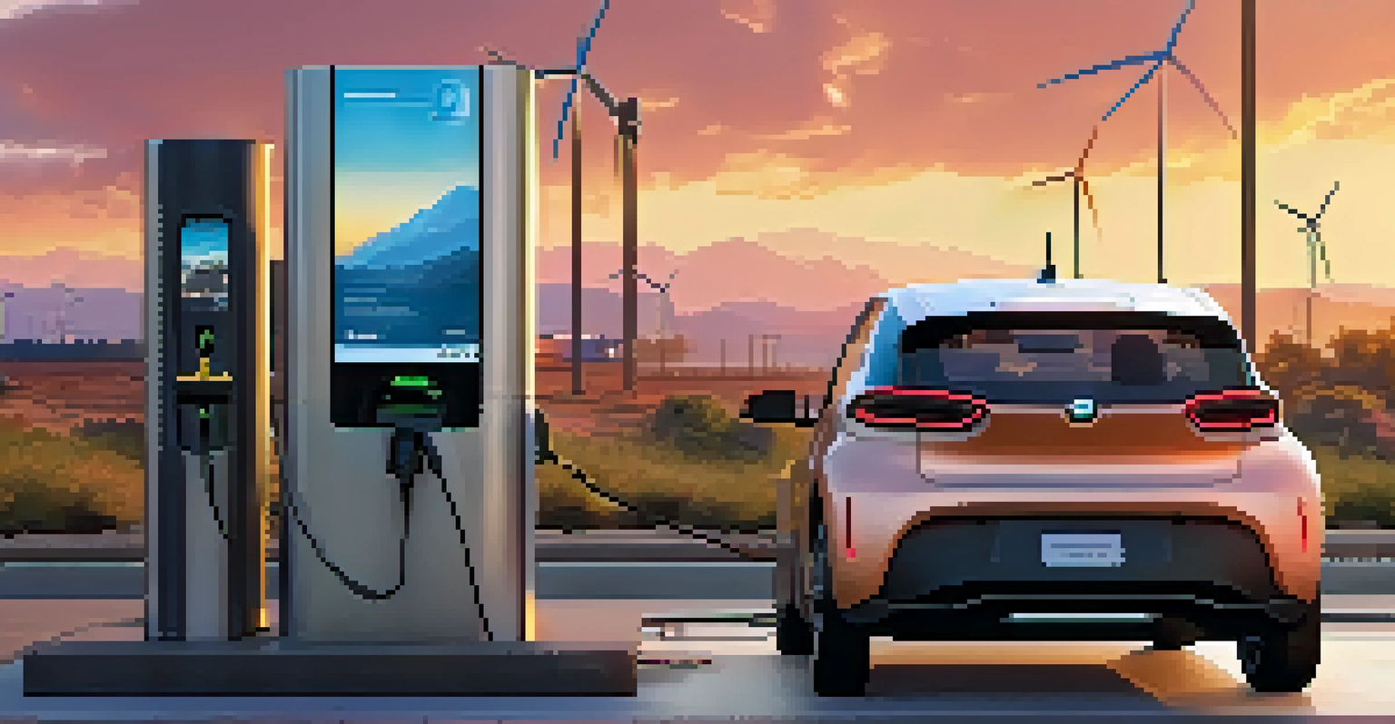 An electric vehicle charging at a fast-charging station with a user interacting with a smart screen during sunset.