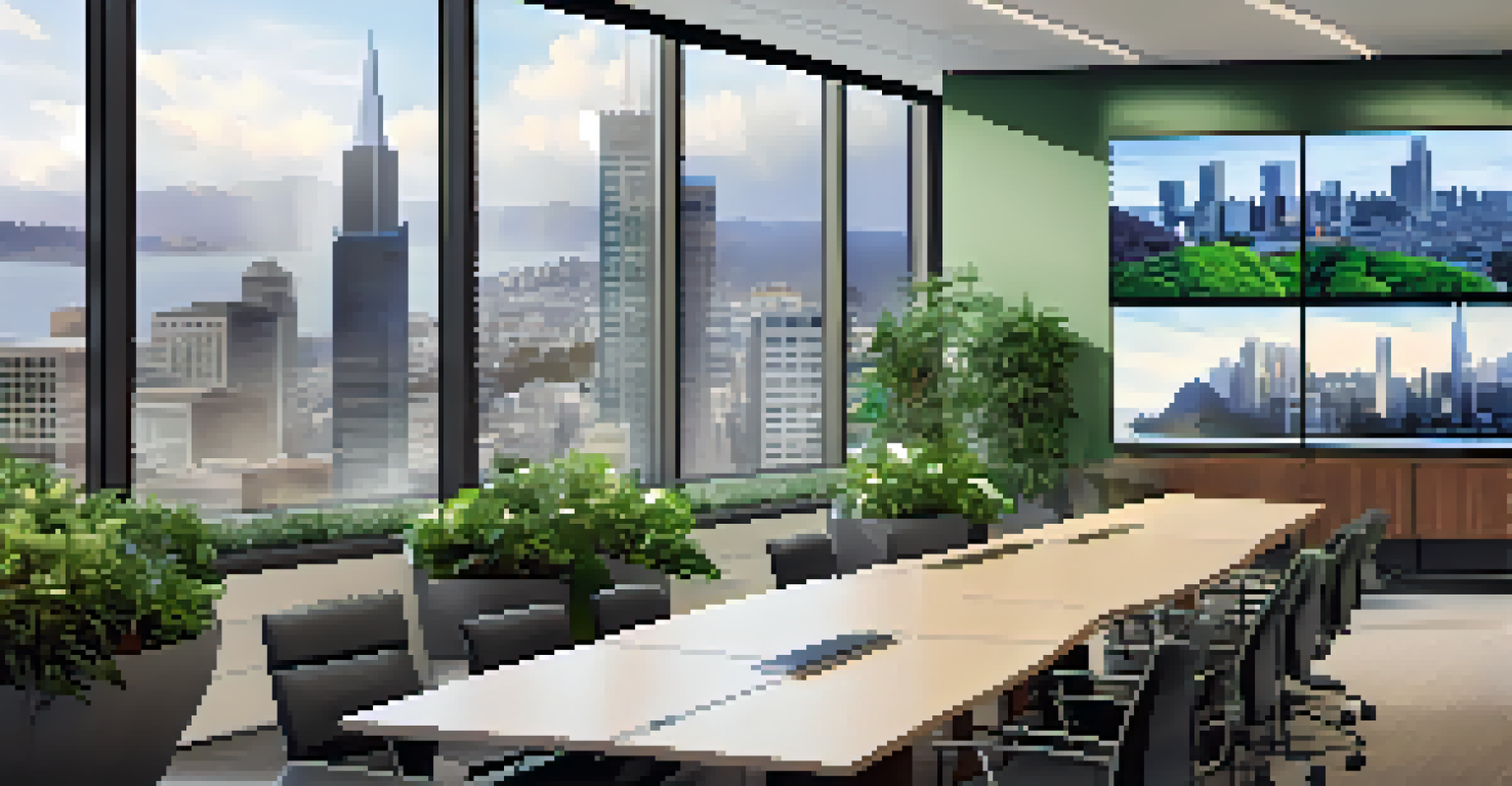 A modern financial office in San Francisco with large windows, sleek furniture, and screens showing financial data.