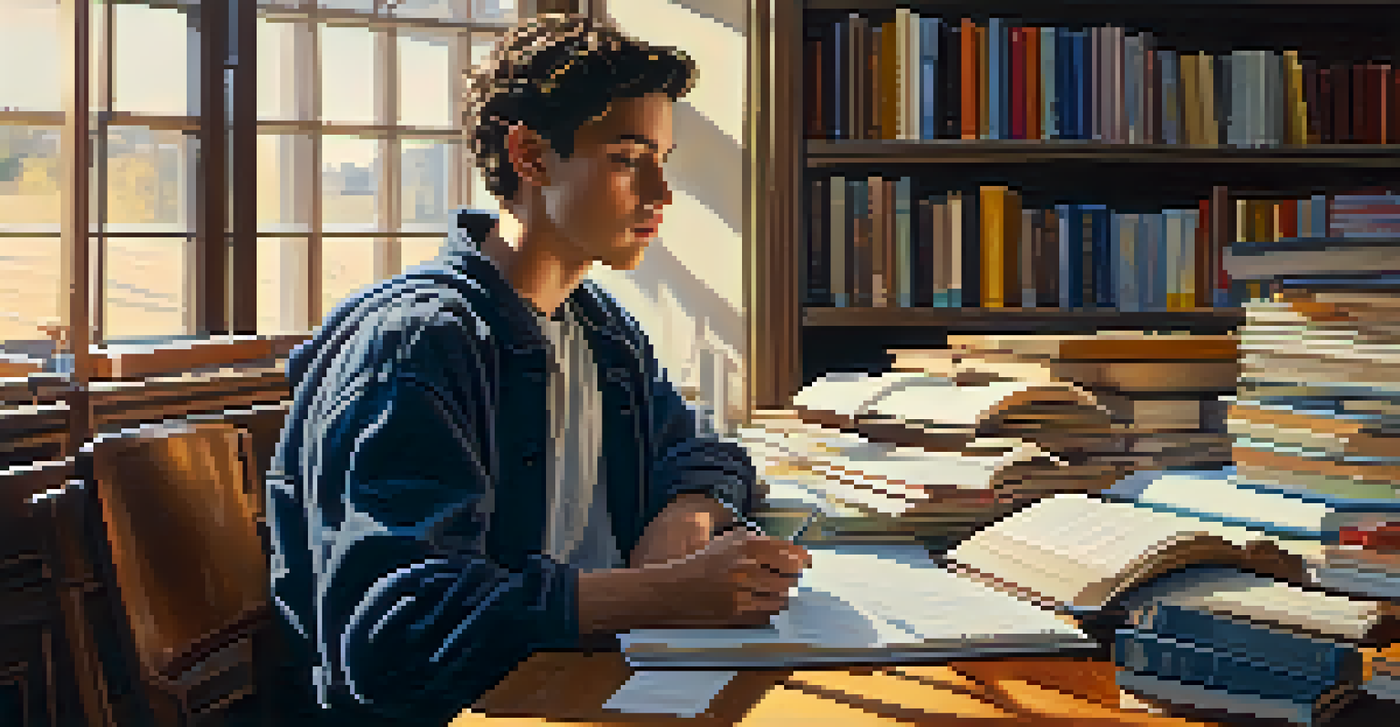 A young adult studying substance abuse resources at a desk, surrounded by books in warm, natural lighting.