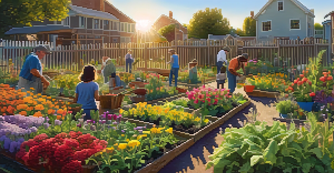 A diverse group of people gardening in a colorful community garden during sunset, with various plants and flowers.