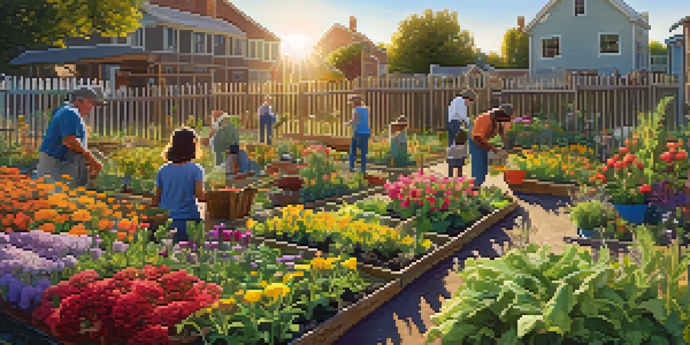 A diverse group of people gardening in a colorful community garden during sunset, with various plants and flowers.