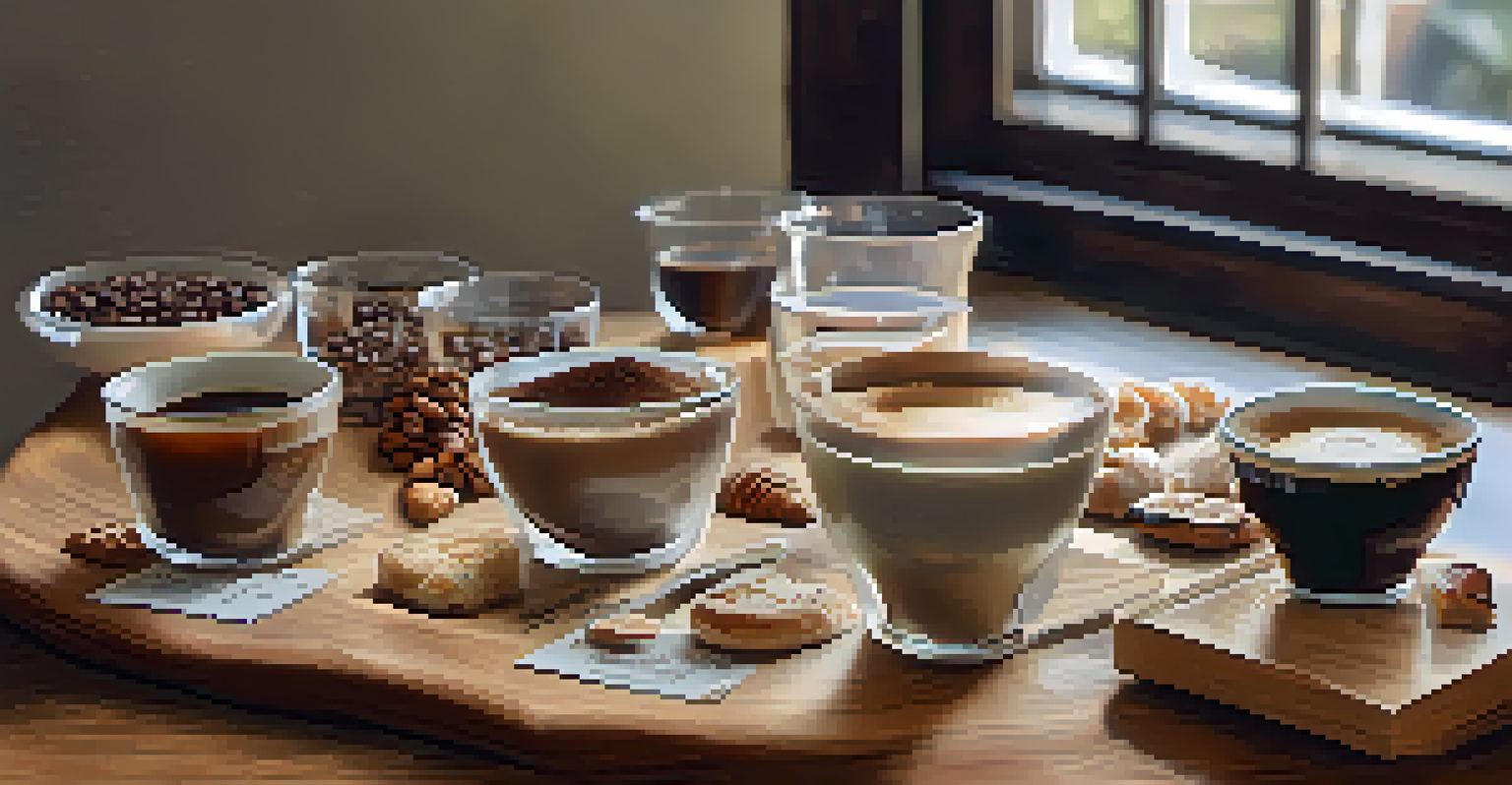 A tasting setup with different coffee blends and pastries on a wooden table, showcasing flavor profiles and origins.