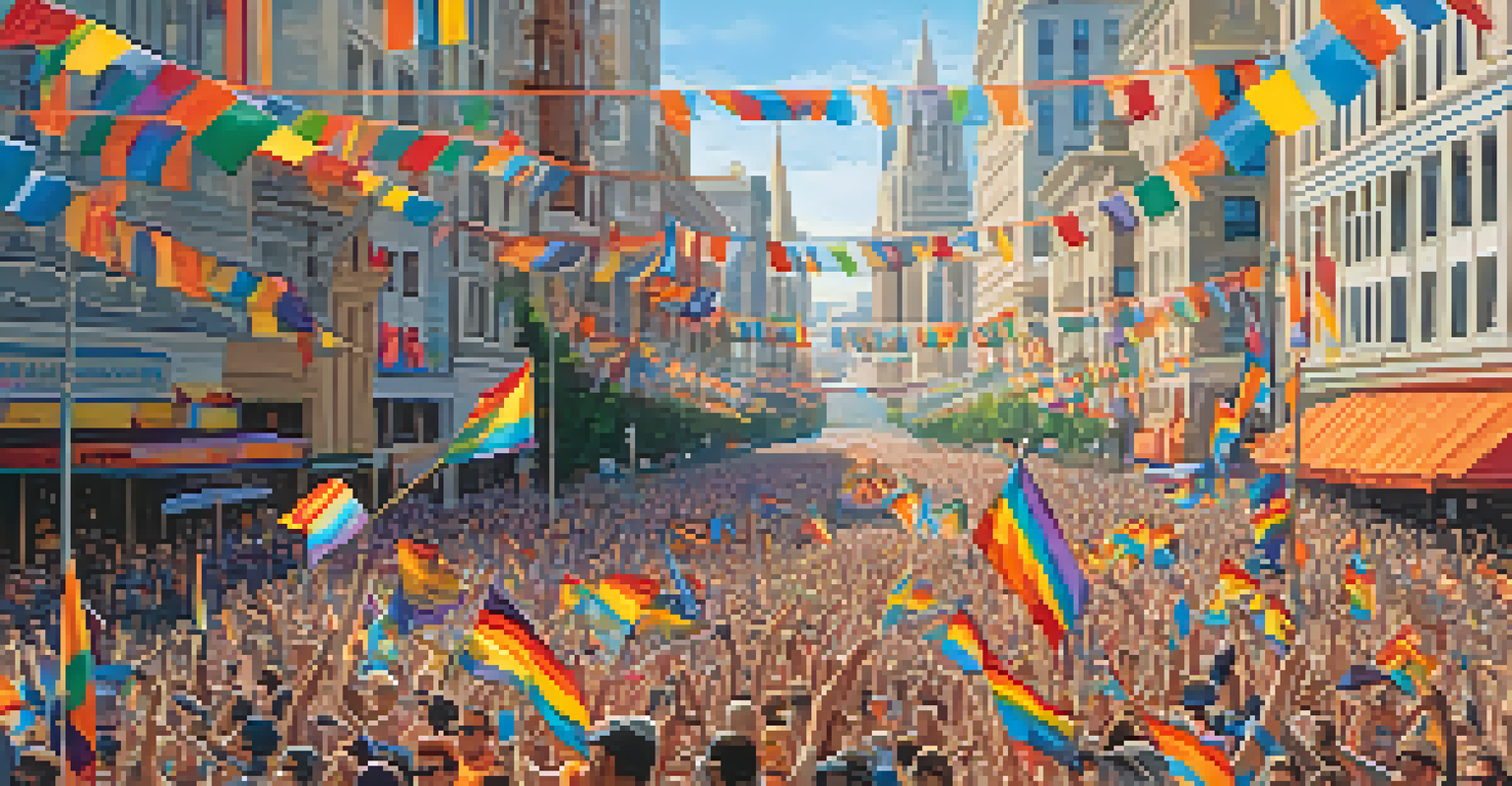 An aerial view of the Pride Parade in San Francisco, showcasing colorful floats and a diverse crowd celebrating love and acceptance.
