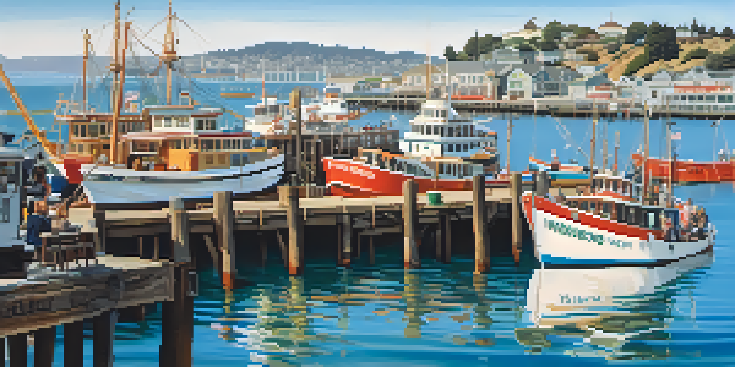 A vibrant waterfront scene at Fisherman's Wharf, featuring fishing boats, tourists, and Pier 39 with sea lions.