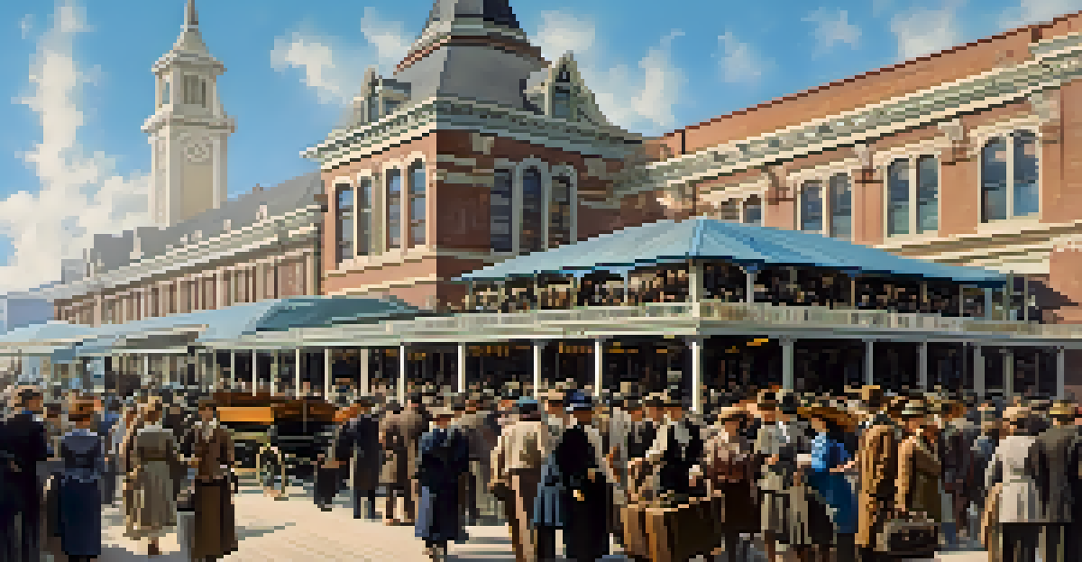 A busy ferry terminal in San Francisco during the early 1900s, with passengers boarding wooden ferries and steam rising from the boats.