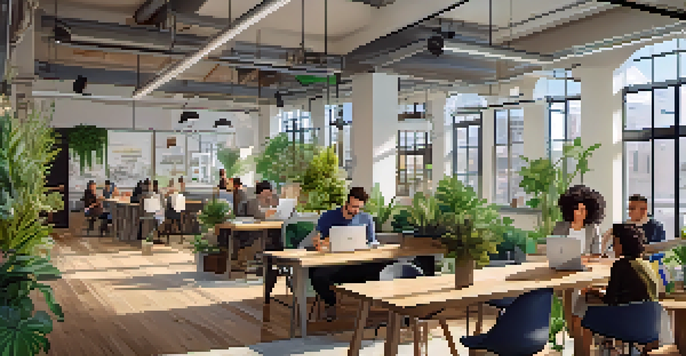 A bright coworking space filled with diverse professionals collaborating and working on their laptops, surrounded by modern decor and natural light.