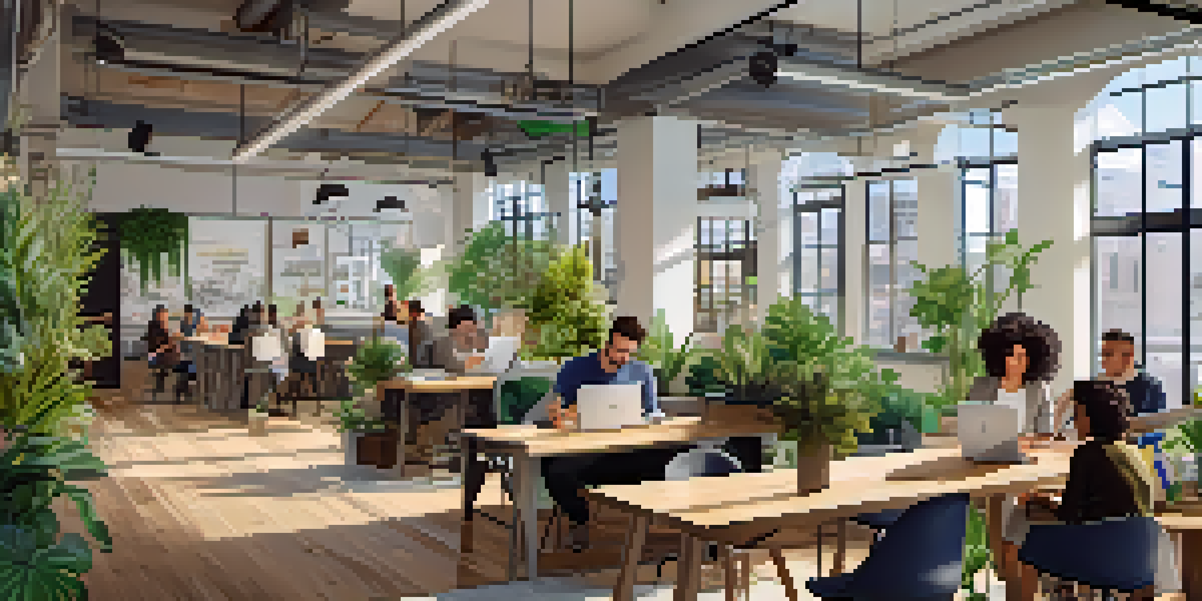 A bright coworking space filled with diverse professionals collaborating and working on their laptops, surrounded by modern decor and natural light.