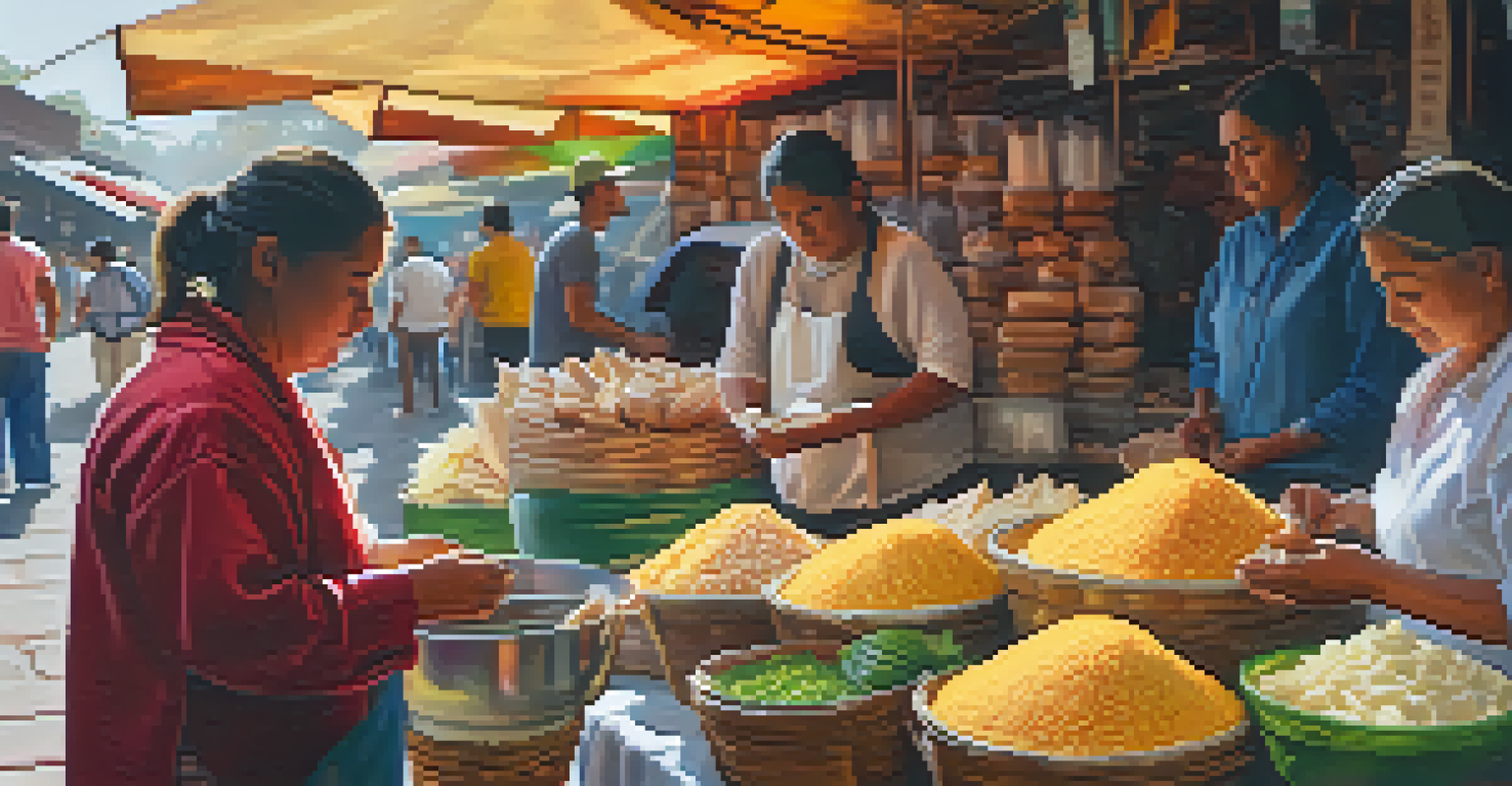 A vendor at Coyoacán Market preparing tamales with various fillings, surrounded by locals in a warm and cozy atmosphere.
