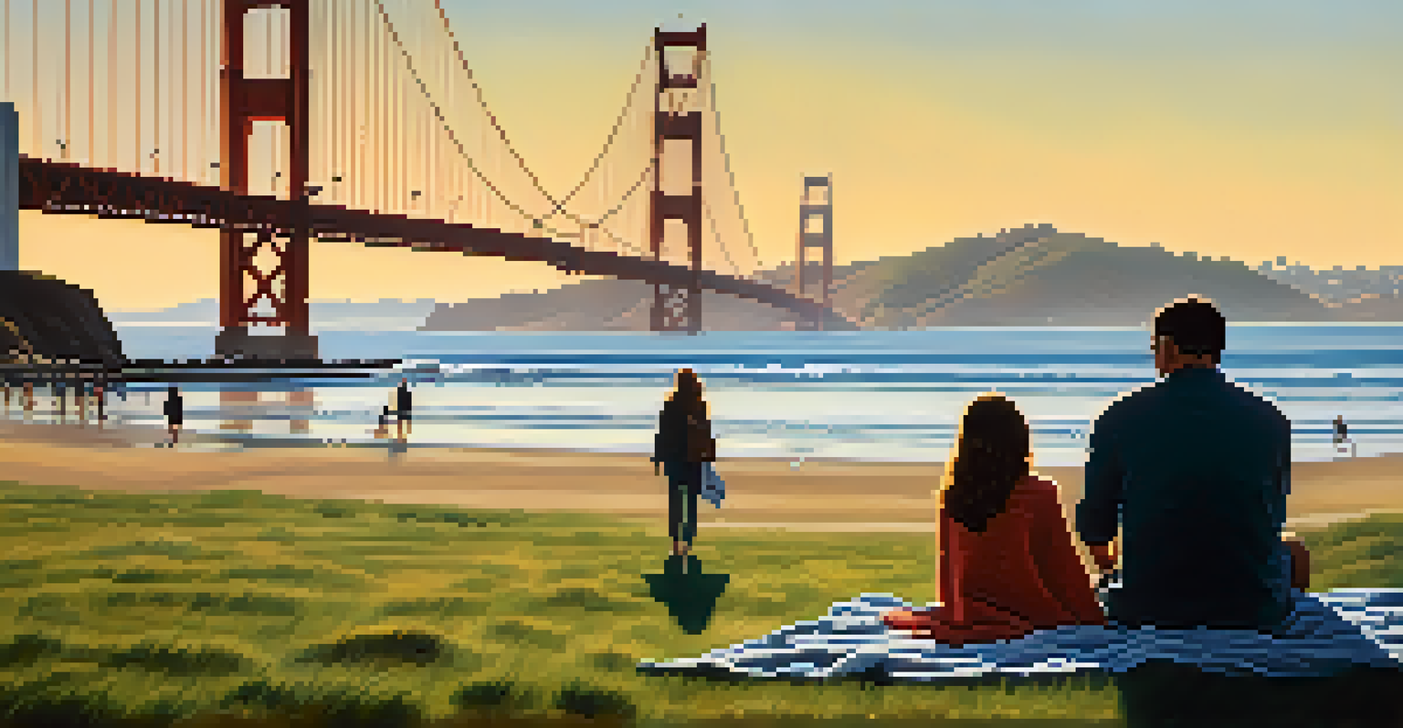 A couple walking along the beach at Crissy Field with the Golden Gate Bridge in the background.