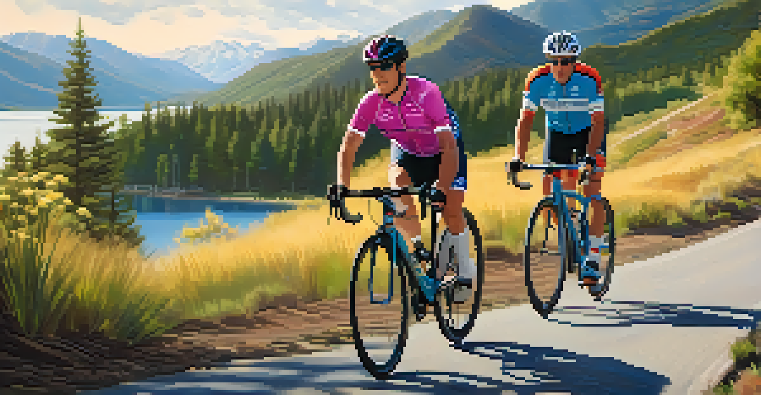 A group of happy cyclists riding together on a trail with a lake and mountains in the background.
