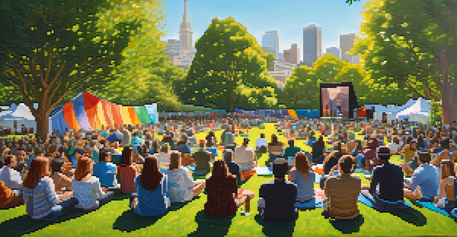 An outdoor podcast event in a San Francisco park with diverse speakers and an engaged audience.
