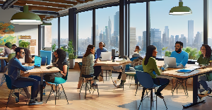 A diverse group of tech professionals in a bright co-working space, discussing and collaborating with laptops and coffee.