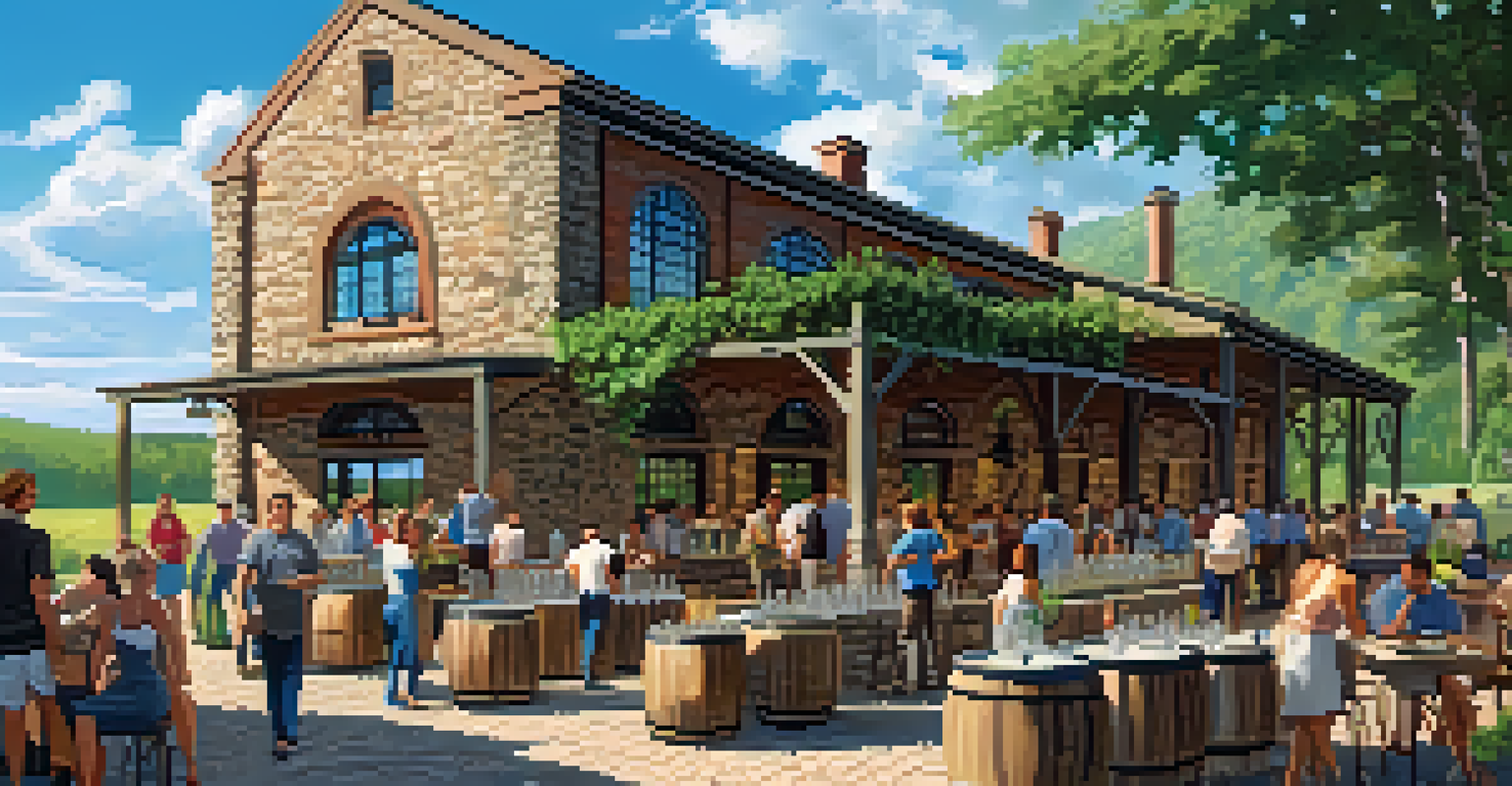 An outdoor tasting event at a craft distillery, with visitors sampling spirits surrounded by greenery and a rustic distillery building.