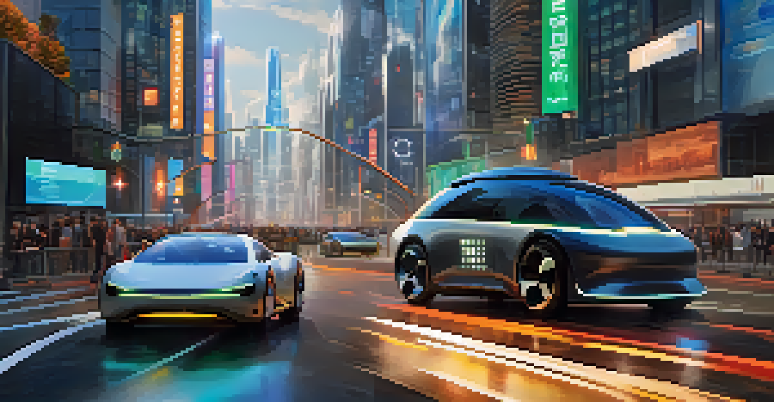 Futuristic scene of autonomous vehicles on a smart street with digital traffic signs and a city skyline, showcasing a high-tech urban environment.