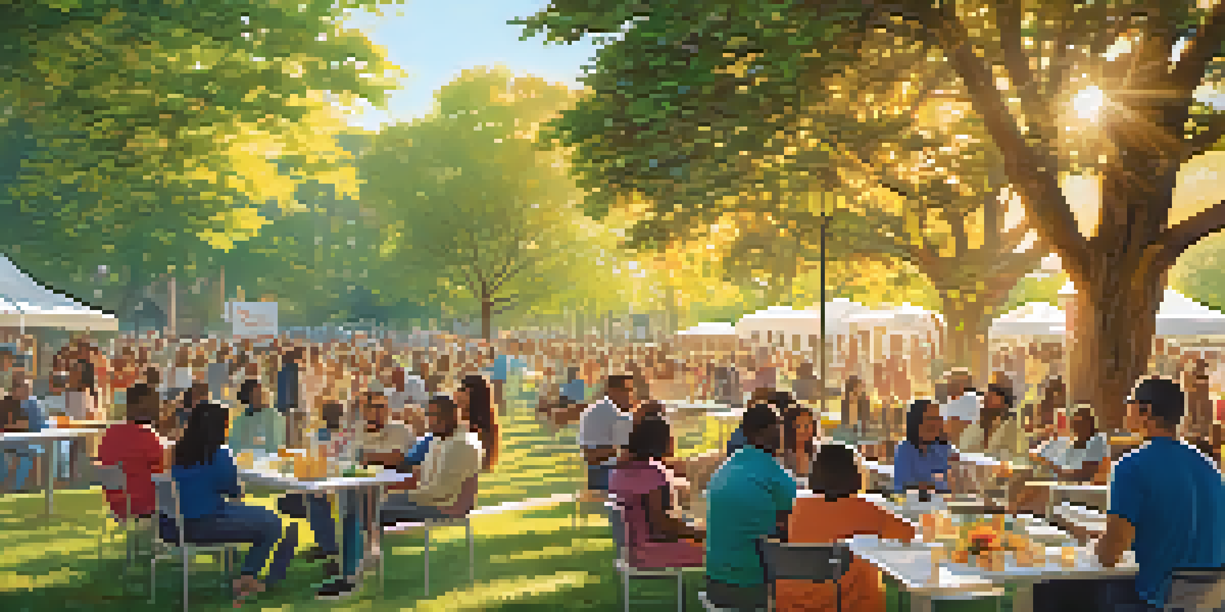 A diverse group of people gathered in a park, discussing social justice with colorful banners and signs.