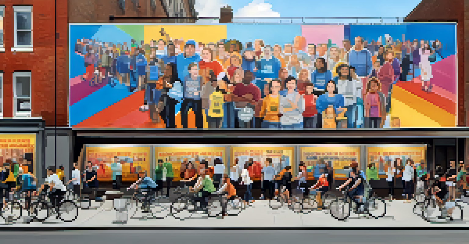 A colorful mural promoting mental health awareness on a building, with busy street life and supportive community imagery.