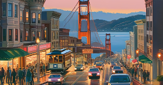 A vibrant sunset cityscape of San Francisco featuring the Golden Gate Bridge and lively street activity.