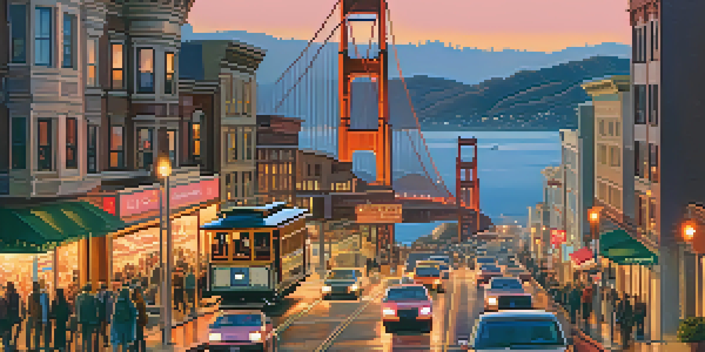 A vibrant sunset cityscape of San Francisco featuring the Golden Gate Bridge and lively street activity.