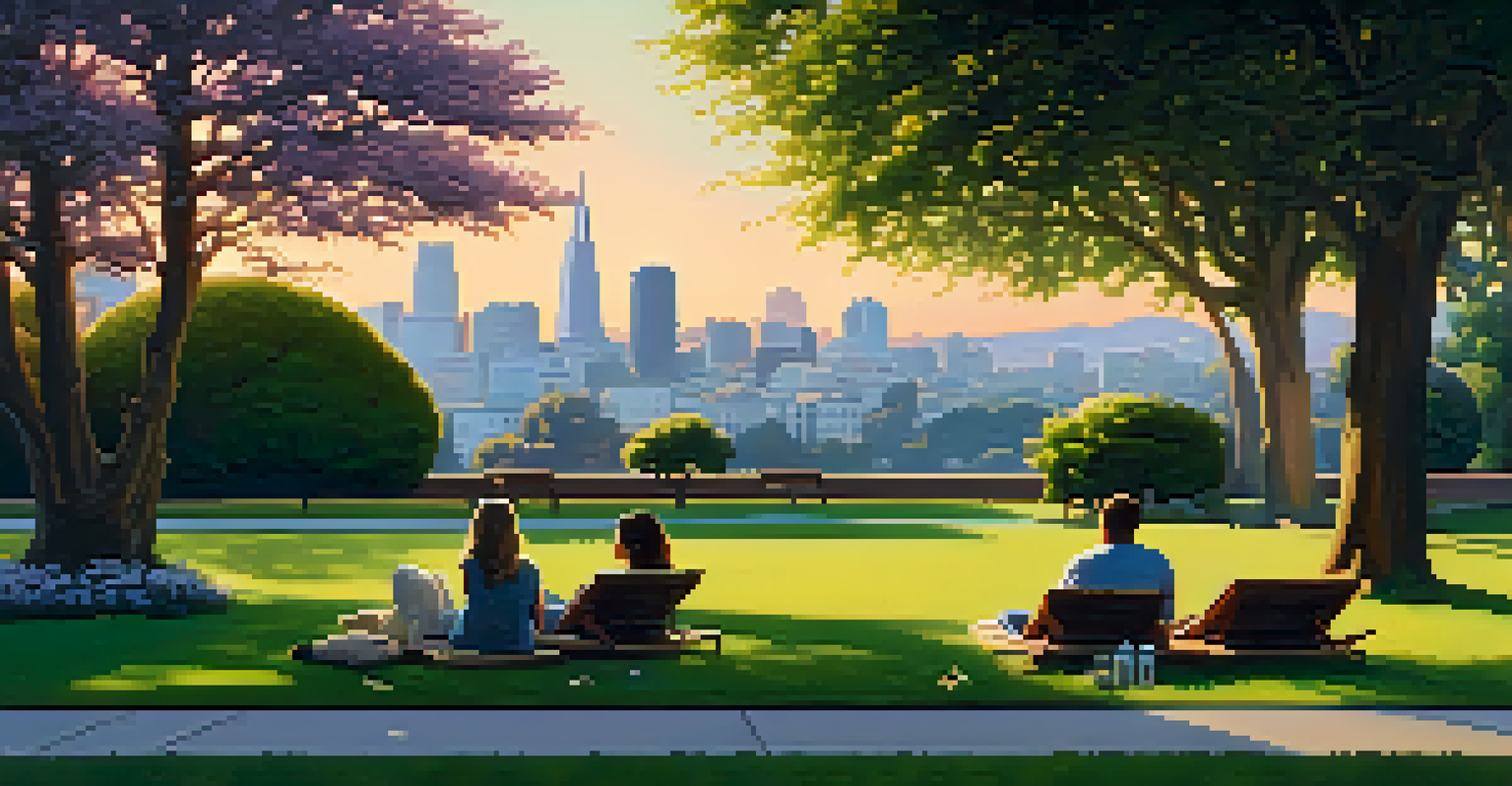A peaceful park in San Francisco with people reading and conversing, surrounded by greenery and flowers, illuminated by a sunset glow.