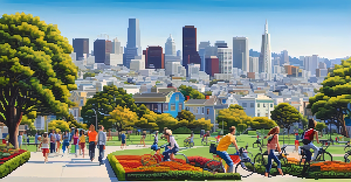 A cityscape of San Francisco featuring a green park filled with people biking and walking, with the skyline in the background under clear blue skies.