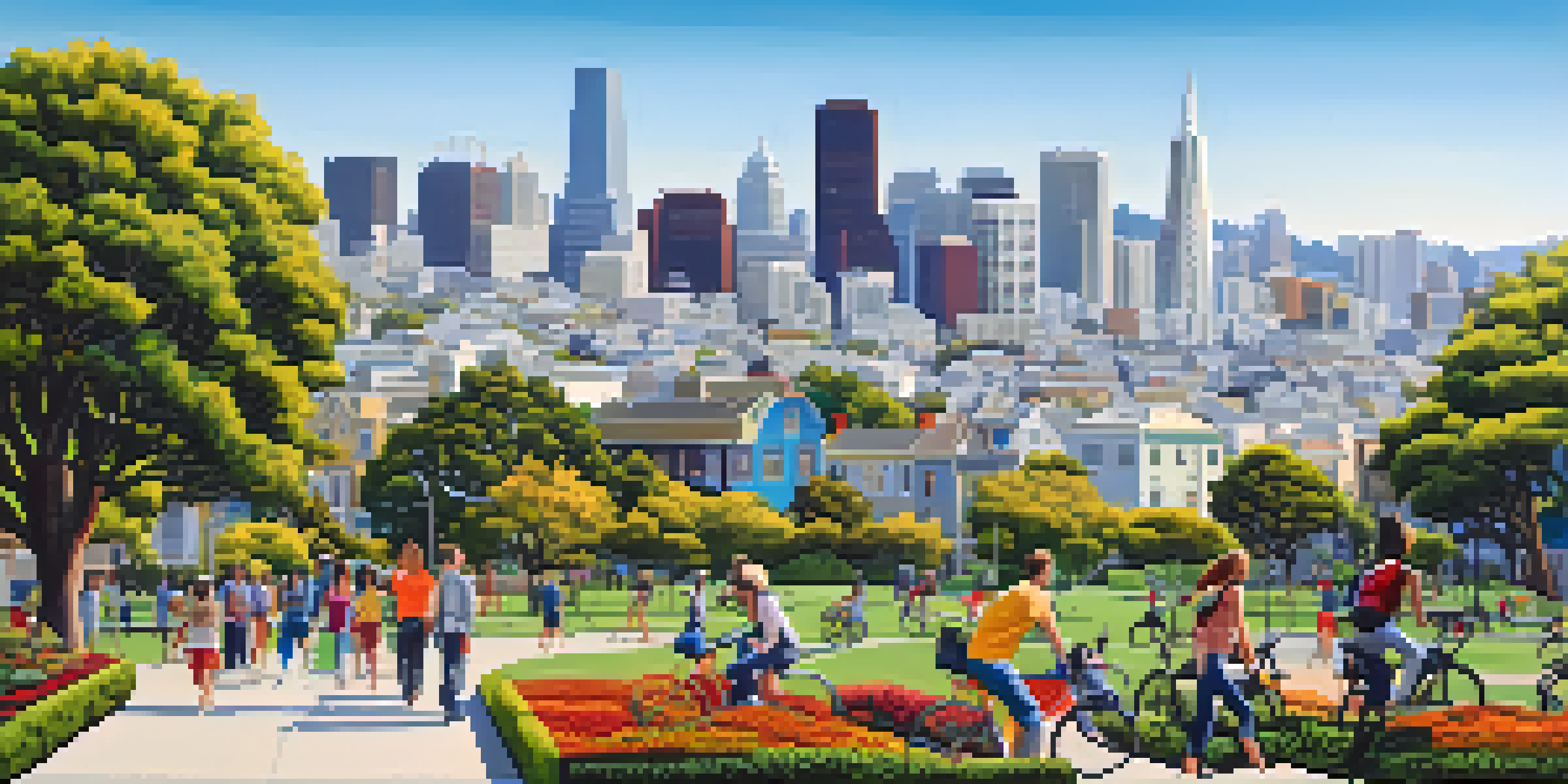 A cityscape of San Francisco featuring a green park filled with people biking and walking, with the skyline in the background under clear blue skies.
