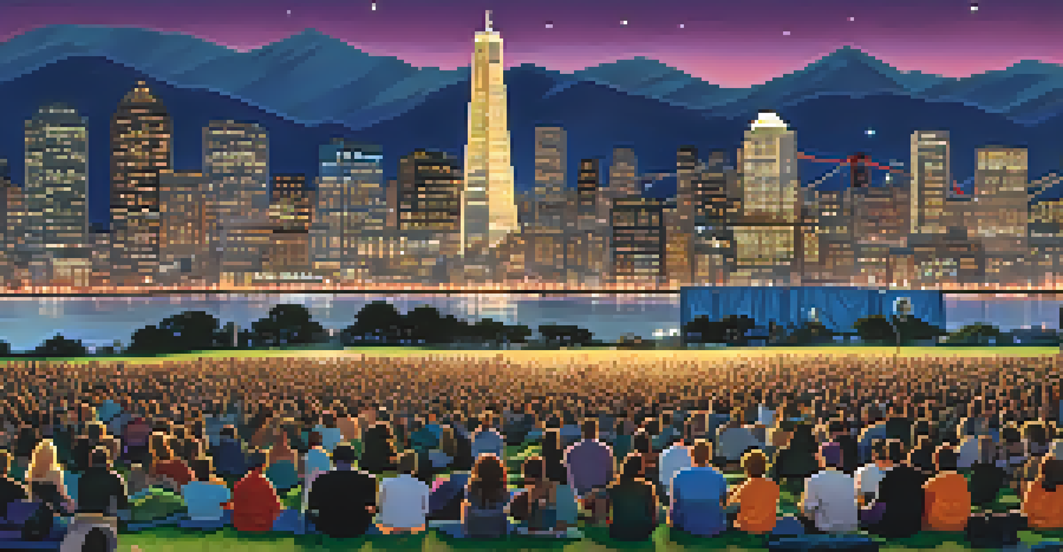 An outdoor scene of an independent film festival in San Francisco, with a large screen, people enjoying the film, and the skyline in the background.