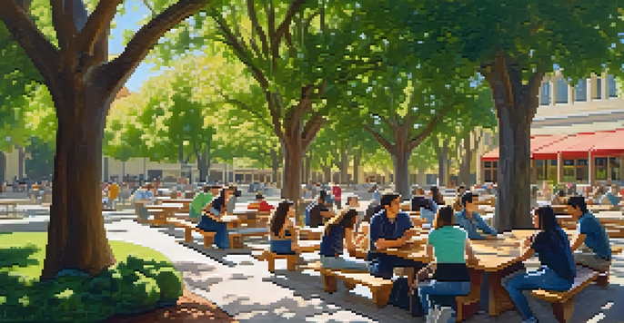 A lively university campus at Stanford with students collaborating outdoors under the sunlight and surrounded by trees and iconic buildings.