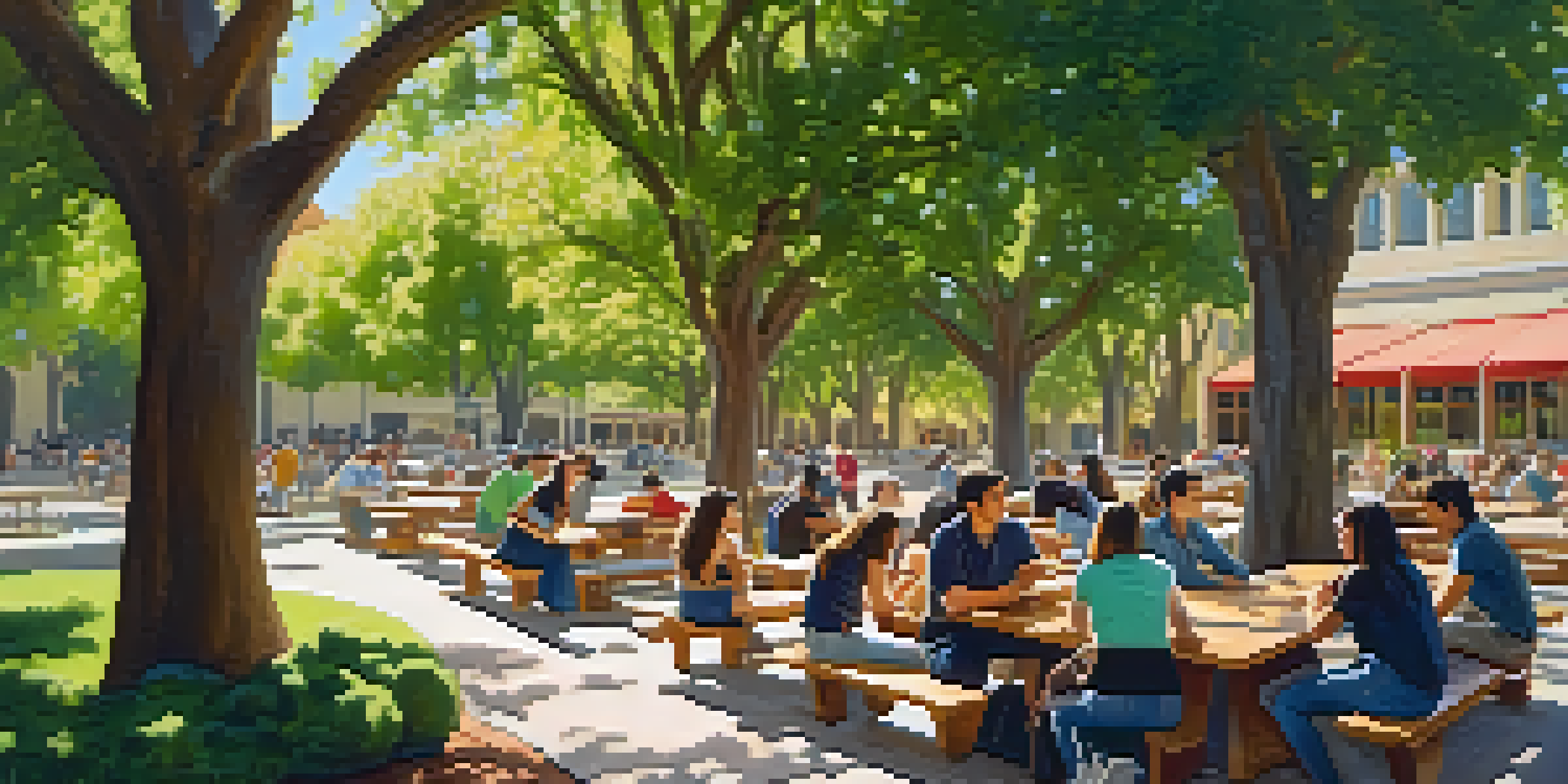 A lively university campus at Stanford with students collaborating outdoors under the sunlight and surrounded by trees and iconic buildings.