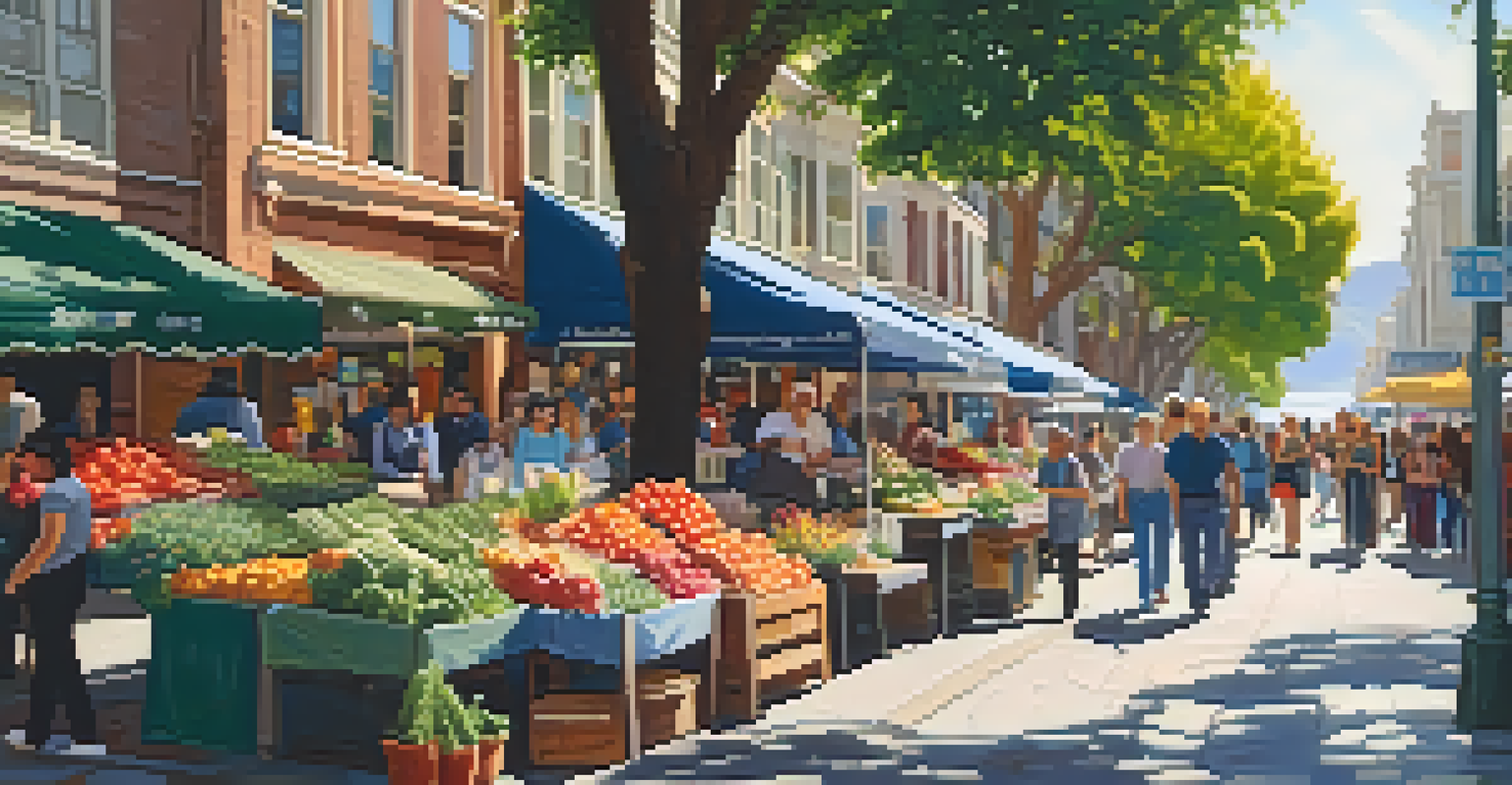 A vibrant farmers' market on a historic San Francisco street surrounded by beautiful old buildings and trees.