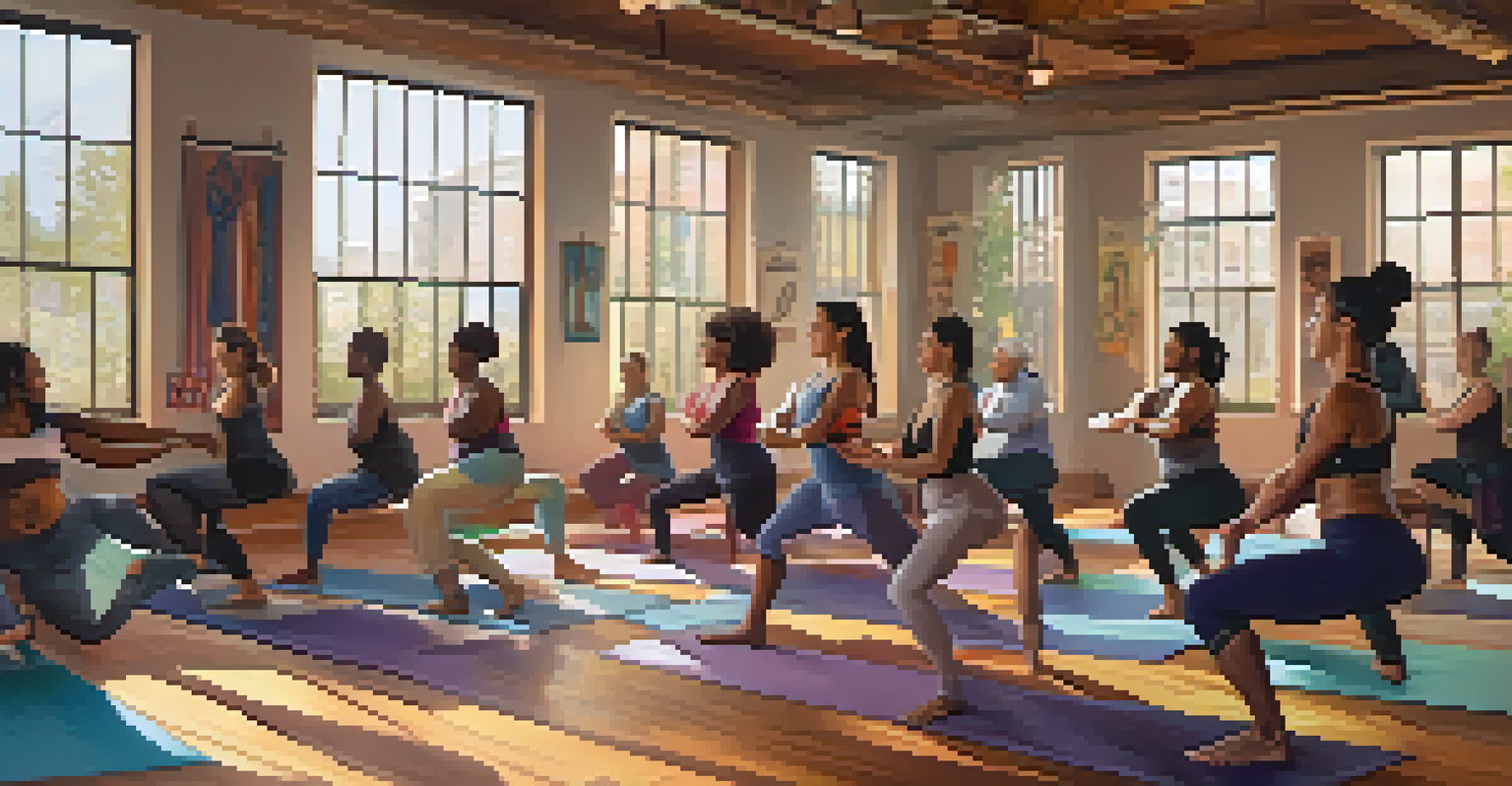 A diverse group of people practicing yoga in a studio, showcasing various poses and colorful mats with inspirational art on the walls.