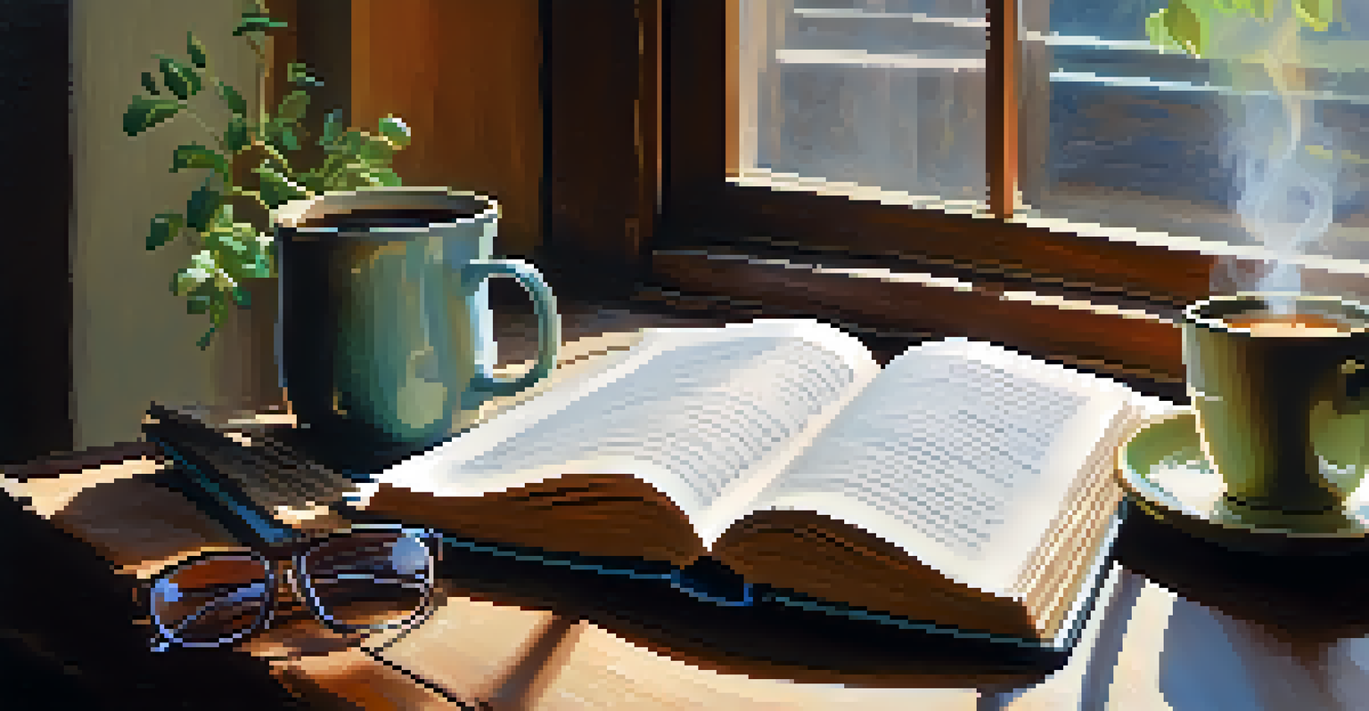 A close-up of an open poetry book on a wooden table, with a cup of coffee and reading glasses, illuminated by soft natural light.