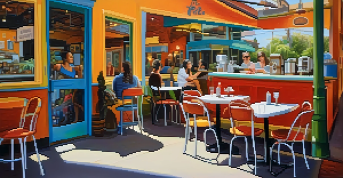 A colorful café with murals and artwork, where customers enjoy coffee and socialize in a lively atmosphere.