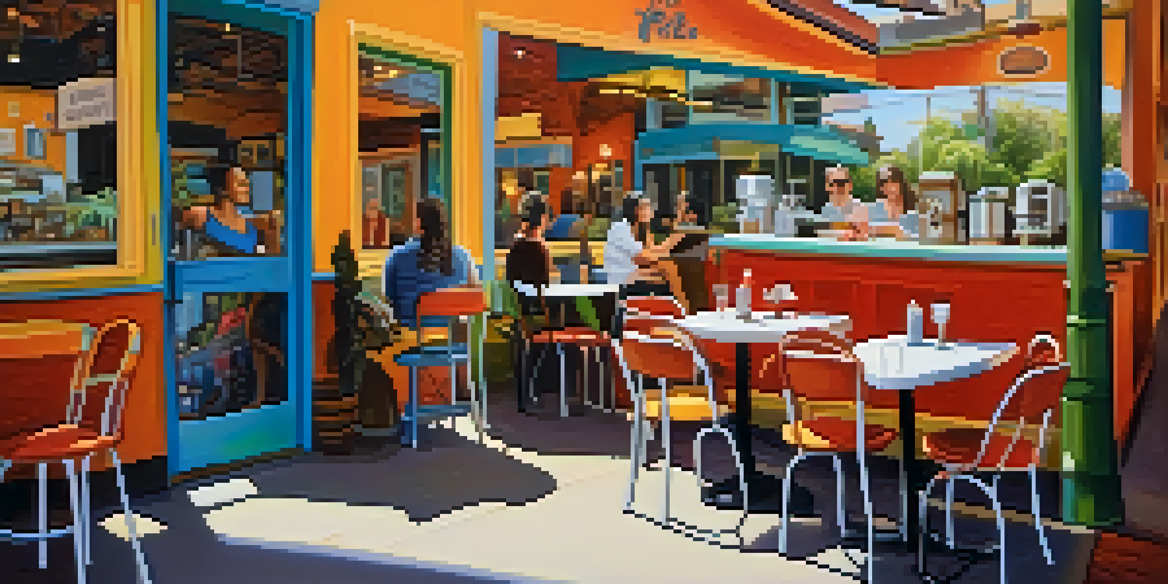 A colorful café with murals and artwork, where customers enjoy coffee and socialize in a lively atmosphere.